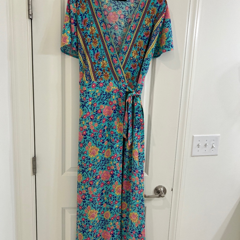 Zesica Floral Maxi Dress Wrap Dress Short Sleeve--Size Large